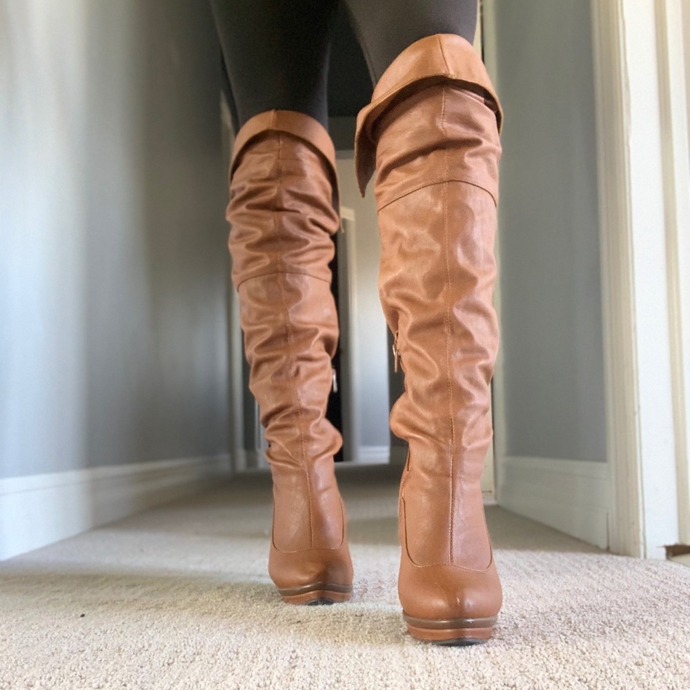 Brown high heeled boots